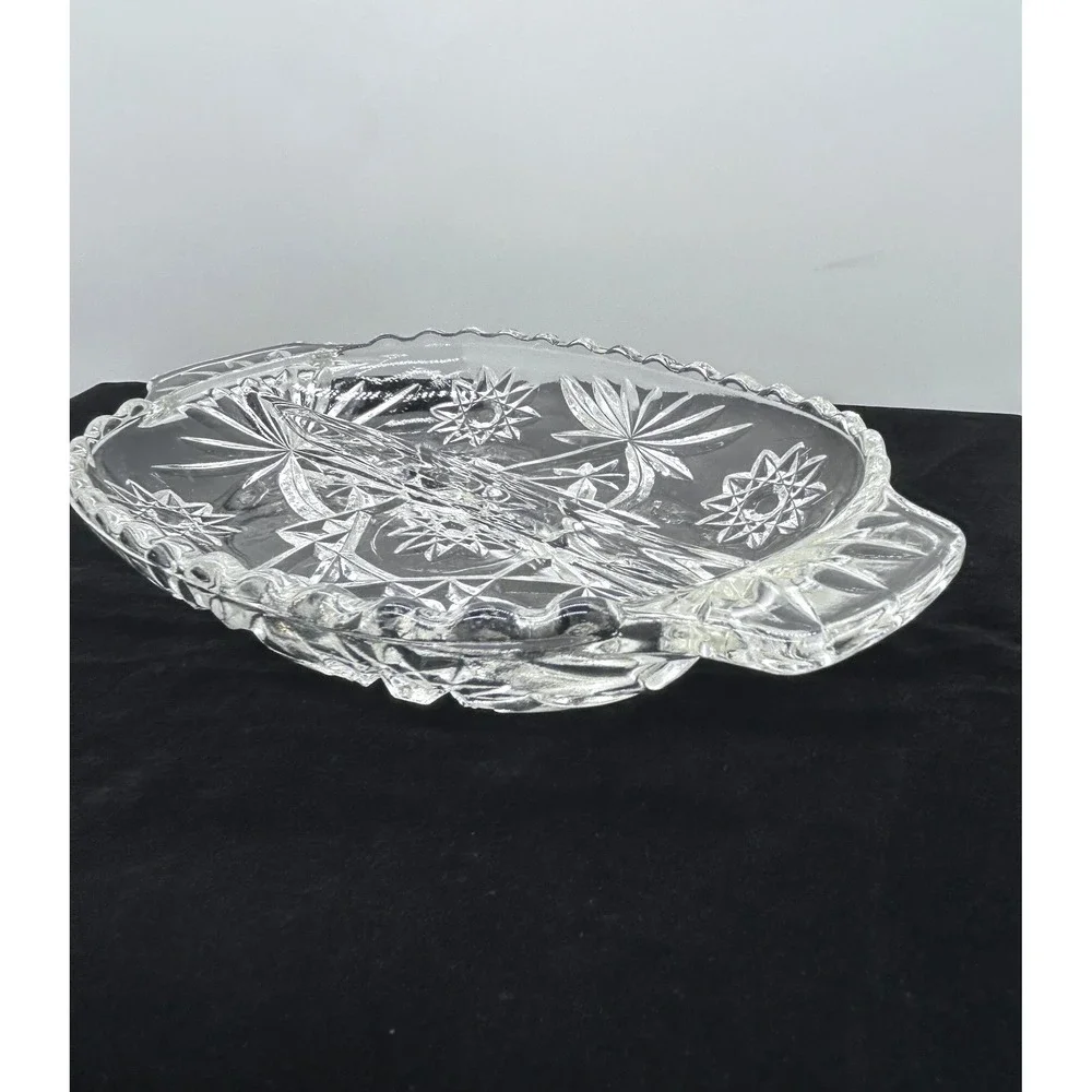 Vintage Clear Pressed Glass Divided Relish Dish Starburst Pinwheel Oval